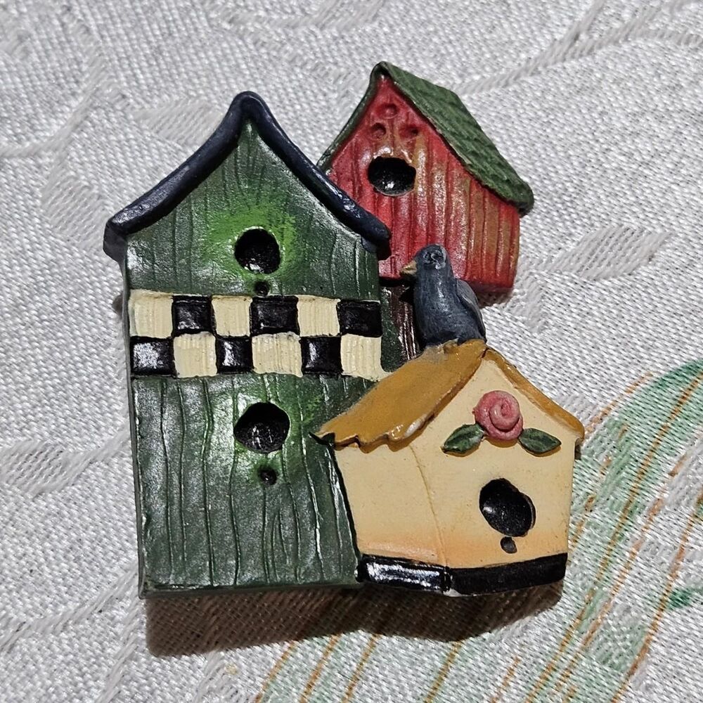 vintage cottagecore granola birdhouse brooch
